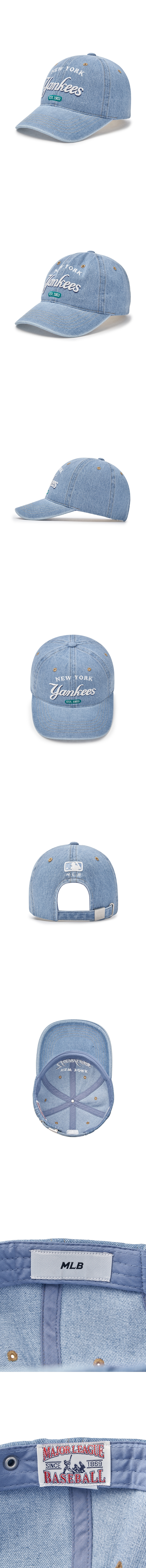 ★MLB Korea★ Color Denim Unstructured Ball Cap NY LBlue 3AC MLB Unisex Cursive Lettering Denim Coloration Unstructured